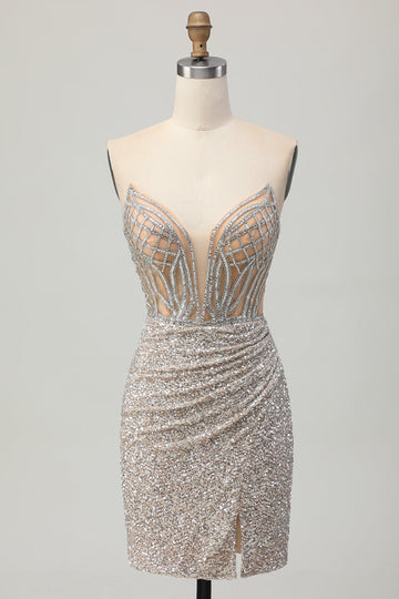 Silver Strapless Bodycon Sequins Homecoming Dress with Slit